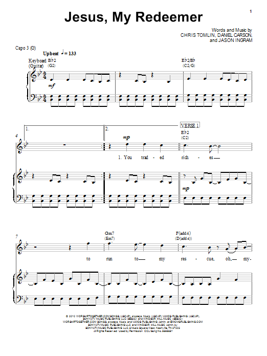 Chris Tomlin Jesus, My Redeemer Sheet Music Notes & Chords for Piano, Vocal & Guitar (Right-Hand Melody) - Download or Print PDF