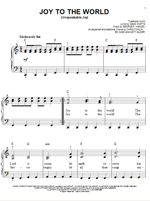 Chris Tomlin Joy To The World (Unspeakable Joy) Sheet Music Notes & Chords for Easy Piano - Download or Print PDF