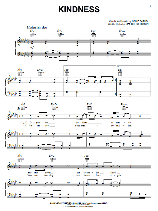 Chris Tomlin Kindness Sheet Music Notes & Chords for Piano, Vocal & Guitar (Right-Hand Melody) - Download or Print PDF