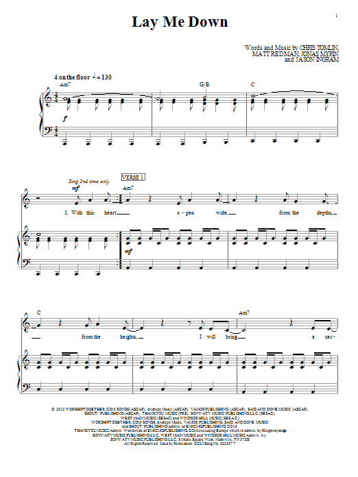Chris Tomlin Lay Me Down Sheet Music Notes & Chords for Piano, Vocal & Guitar (Right-Hand Melody) - Download or Print PDF