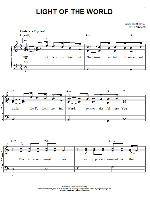 Chris Tomlin Light Of The World Sheet Music Notes & Chords for Easy Piano - Download or Print PDF