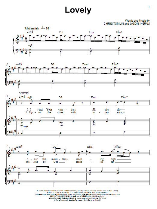 Chris Tomlin Lovely Sheet Music Notes & Chords for Piano, Vocal & Guitar (Right-Hand Melody) - Download or Print PDF