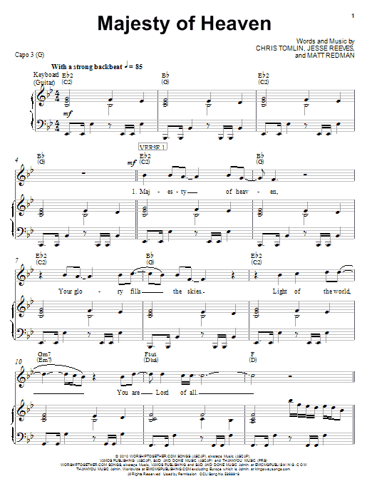 Chris Tomlin Majesty Of Heaven Sheet Music Notes & Chords for Piano, Vocal & Guitar (Right-Hand Melody) - Download or Print PDF