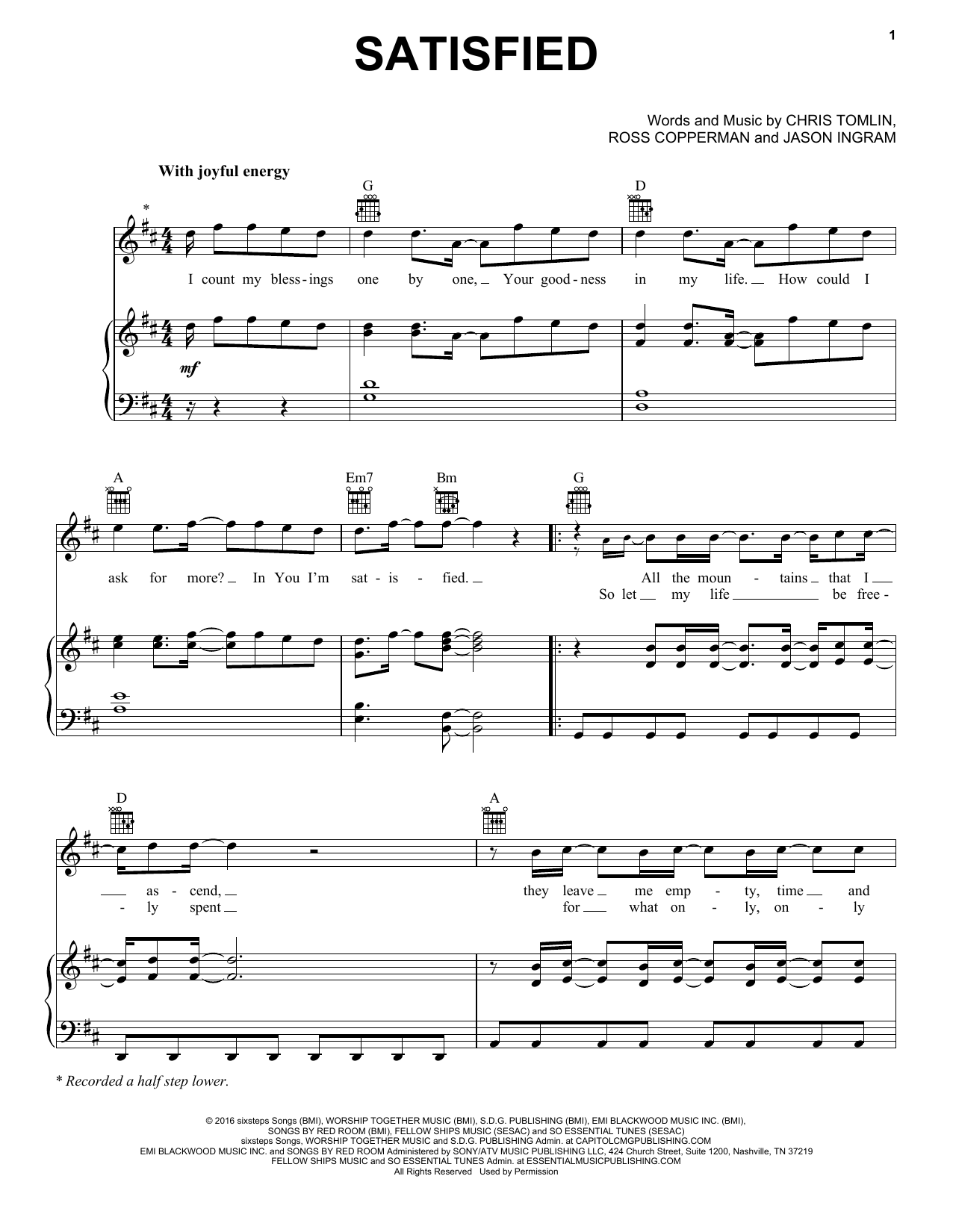 Chris Tomlin Satisfied Sheet Music Notes & Chords for Piano, Vocal & Guitar (Right-Hand Melody) - Download or Print PDF