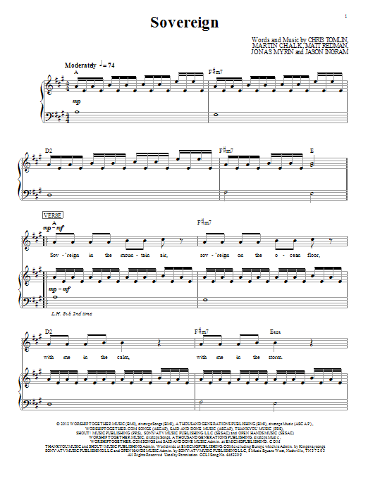 Chris Tomlin Sovereign Sheet Music Notes & Chords for Piano, Vocal & Guitar (Right-Hand Melody) - Download or Print PDF