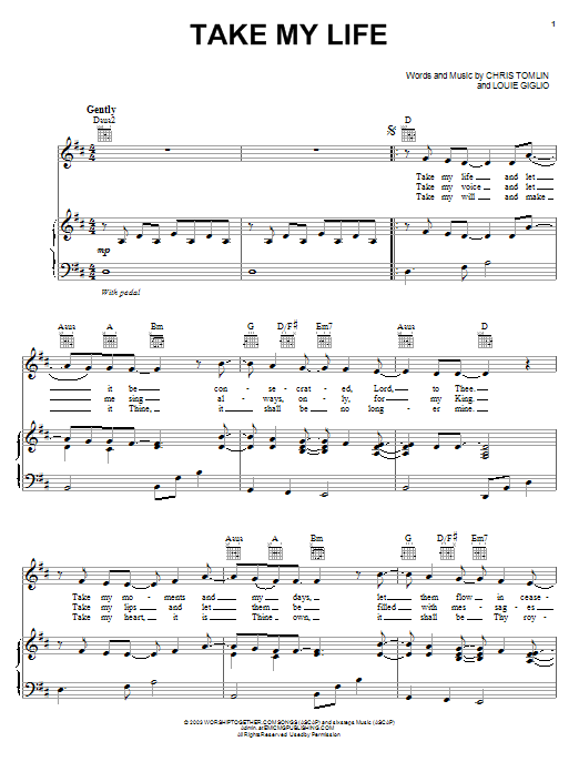 Chris Tomlin Take My Life Sheet Music Notes & Chords for Piano - Download or Print PDF