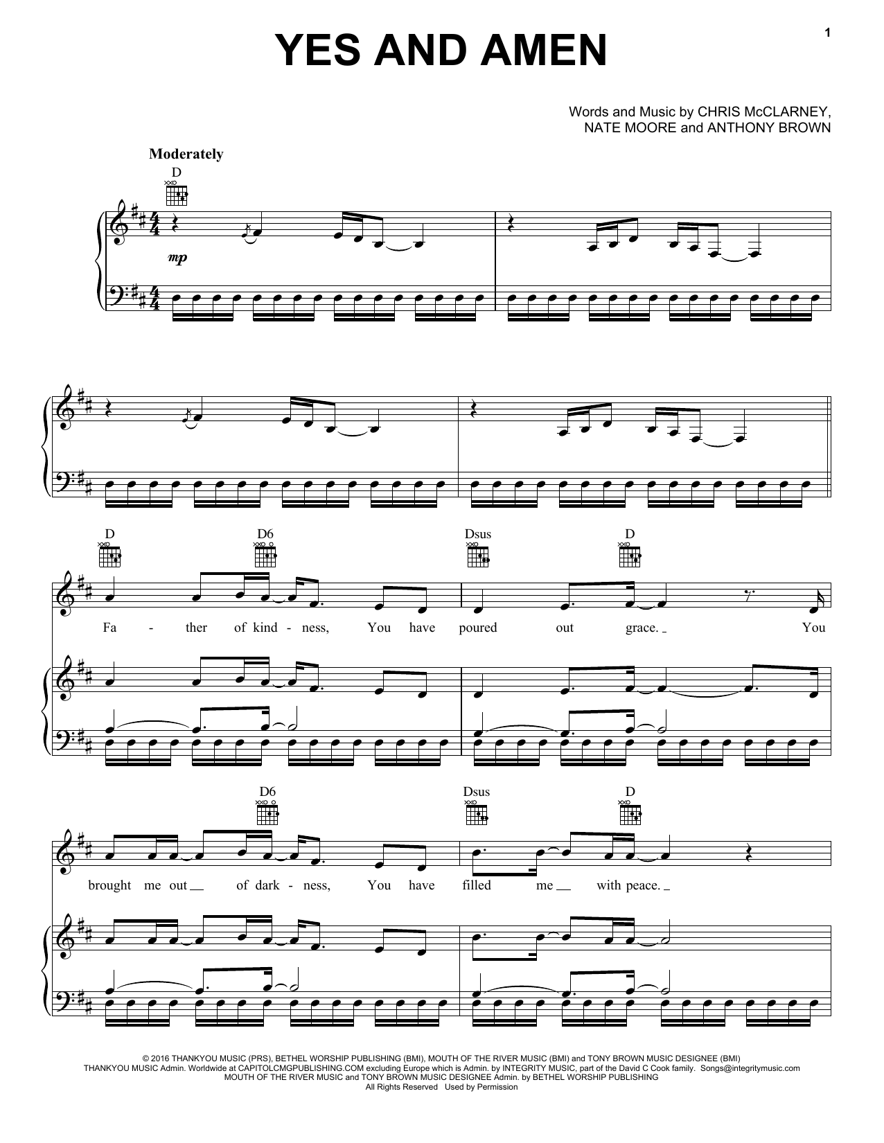 Chris Tomlin Yes And Amen Sheet Music Notes & Chords for Piano, Vocal & Guitar (Right-Hand Melody) - Download or Print PDF