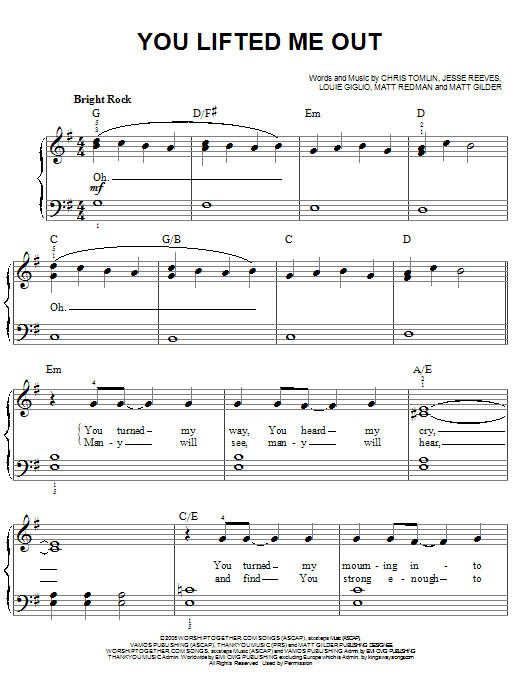 Chris Tomlin You Lifted Me Out Sheet Music Notes & Chords for Easy Piano - Download or Print PDF
