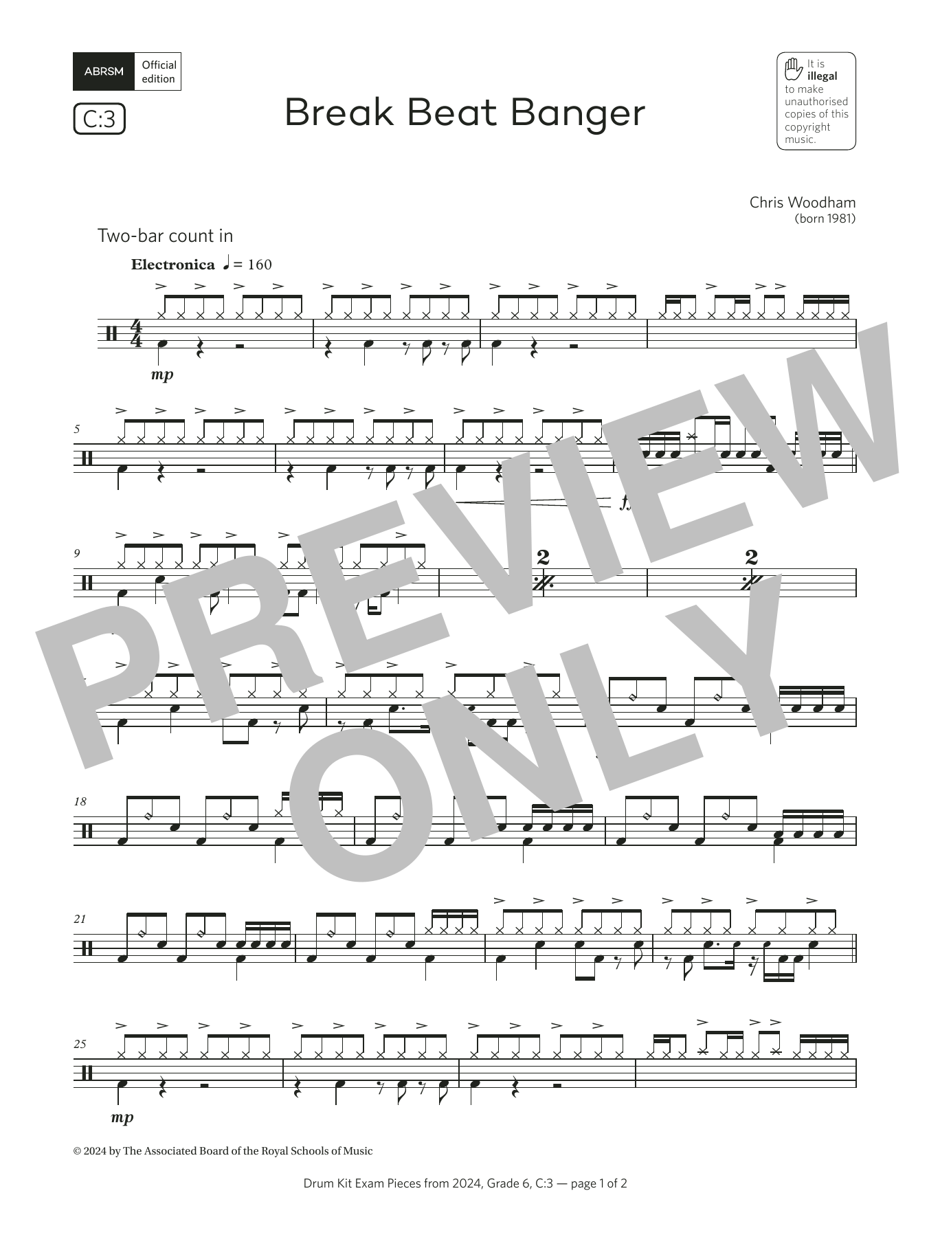 Chris Woodham Break Beat Banger (Grade 6, list C3, from the ABRSM Drum Kit Syllabus 2024) Sheet Music Notes & Chords for Drums - Download or Print PDF