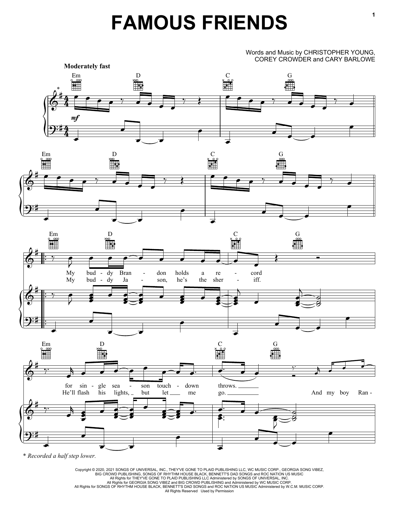 Chris Young and Kane Brown Famous Friends Sheet Music Notes & Chords for Piano, Vocal & Guitar Chords (Right-Hand Melody) - Download or Print PDF