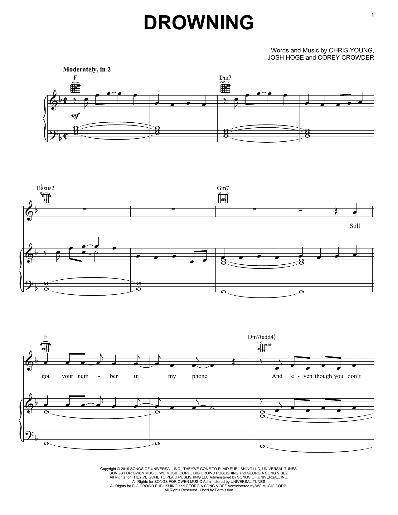 Chris Young Drowning Sheet Music Notes & Chords for Piano, Vocal & Guitar (Right-Hand Melody) - Download or Print PDF