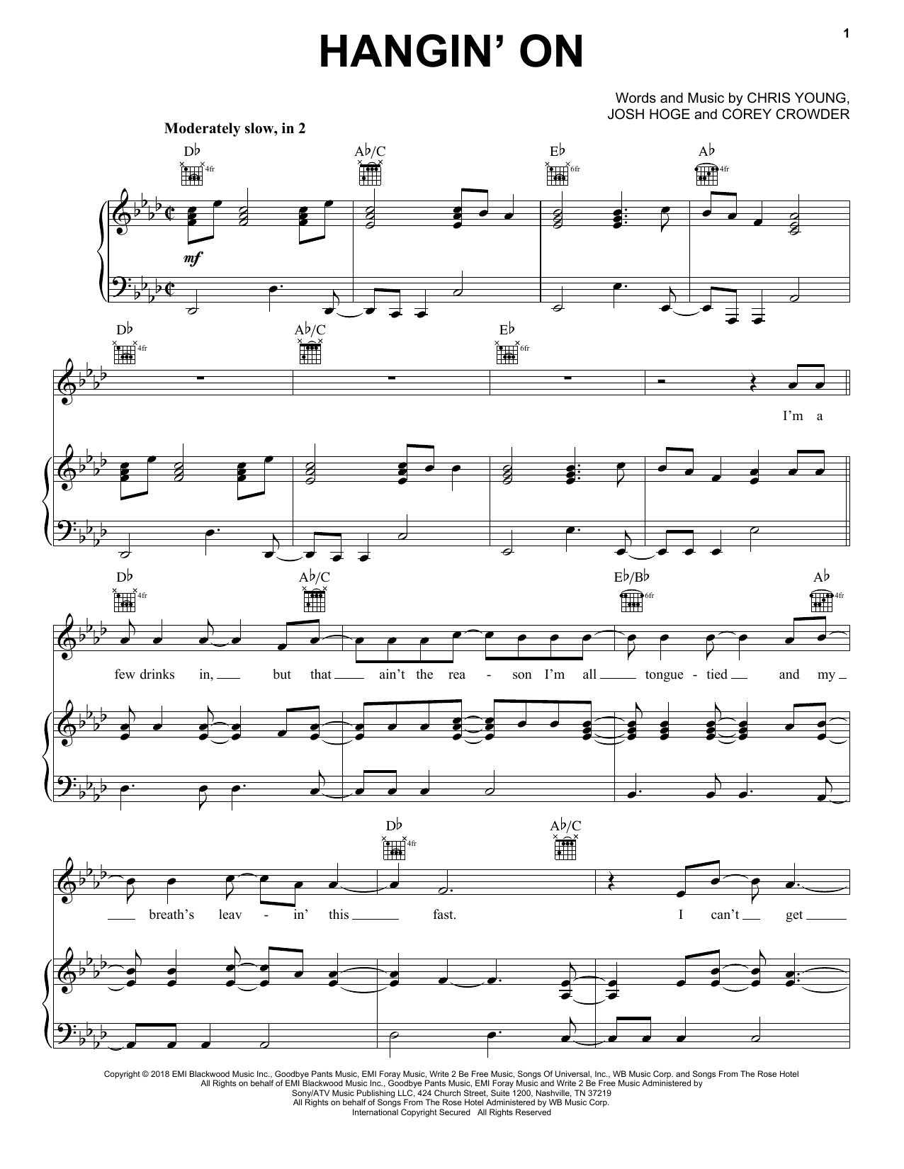 Chris Young Hangin' On Sheet Music Notes & Chords for Piano, Vocal & Guitar (Right-Hand Melody) - Download or Print PDF