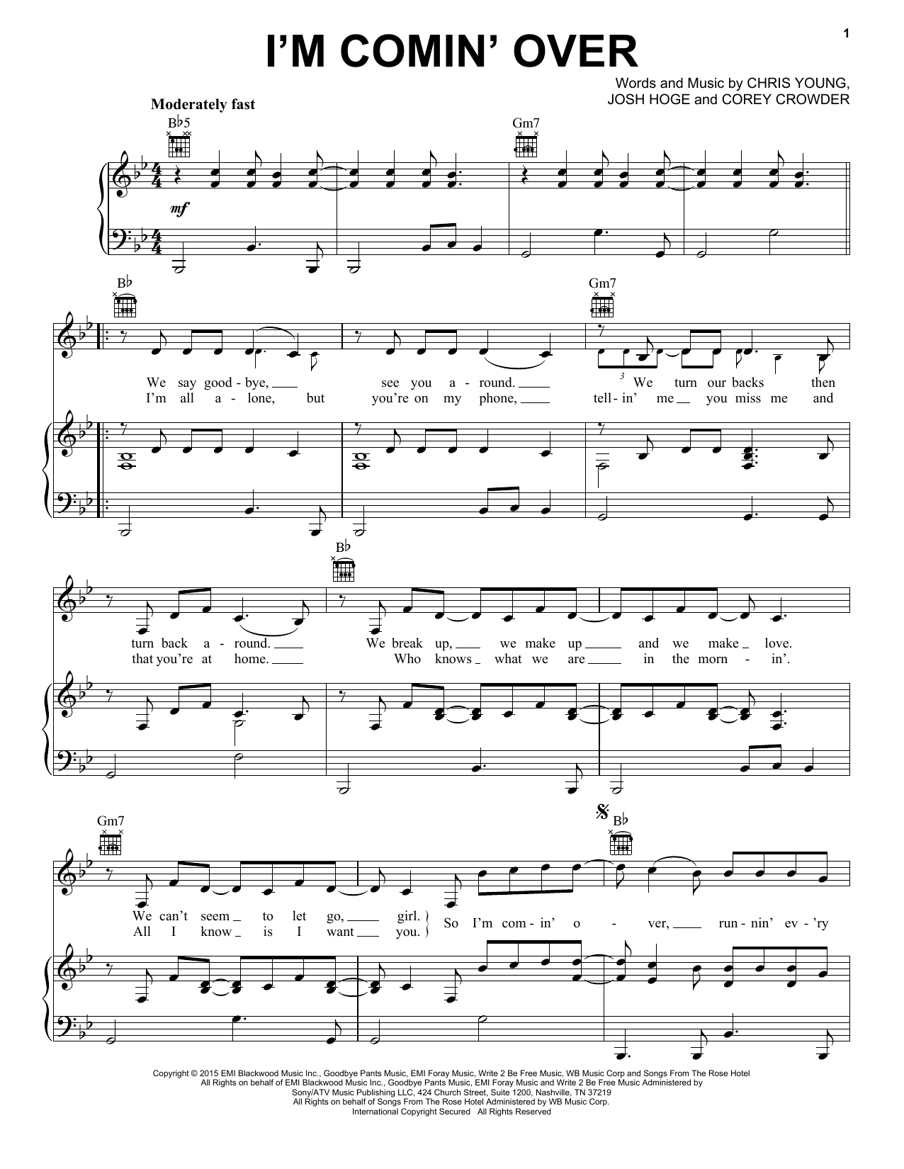 Chris Young I'm Comin' Over Sheet Music Notes & Chords for Piano, Vocal & Guitar (Right-Hand Melody) - Download or Print PDF