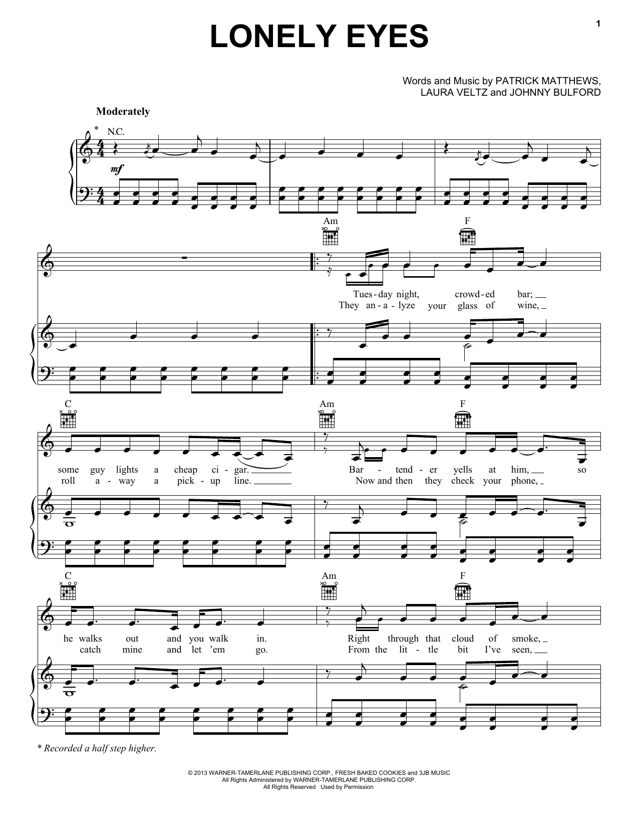 Chris Young Lonely Eyes Sheet Music Notes & Chords for Piano, Vocal & Guitar (Right-Hand Melody) - Download or Print PDF