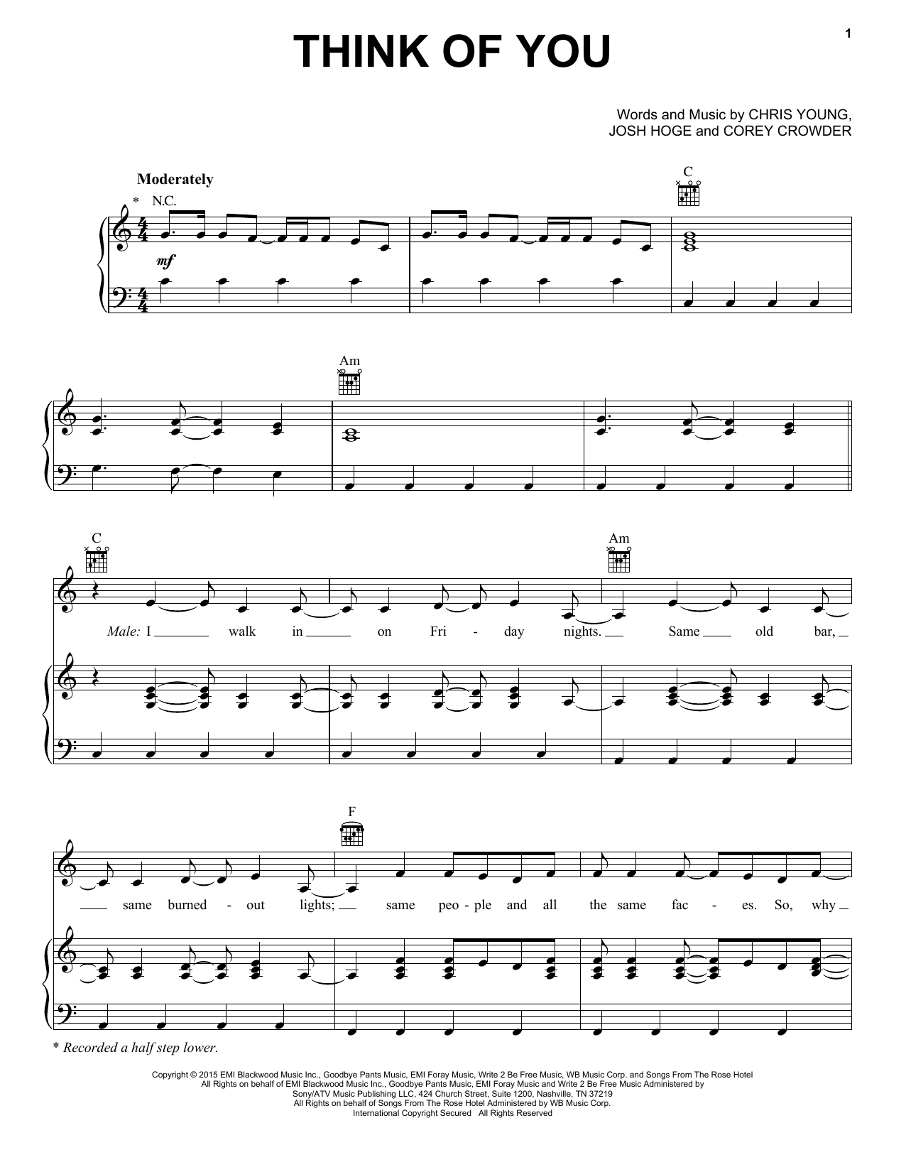 Chris Young with Cassadee Pope Think Of You Sheet Music Notes & Chords for Piano, Vocal & Guitar (Right-Hand Melody) - Download or Print PDF