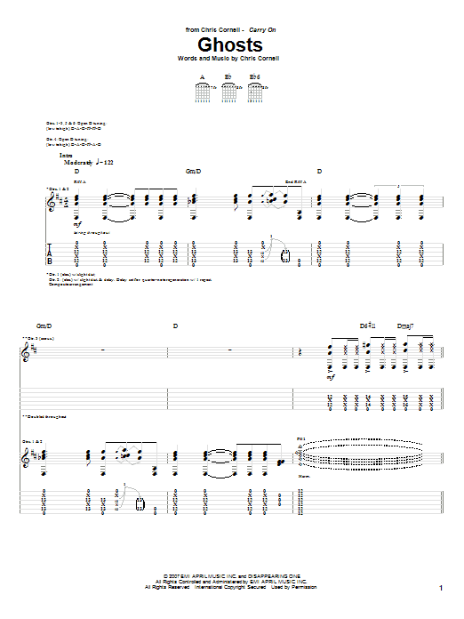 Preview Chris Cornell Ghosts Rock sheet music, notes and chords for Guitar Tab, SKU: 63492 Ghosts sheet music