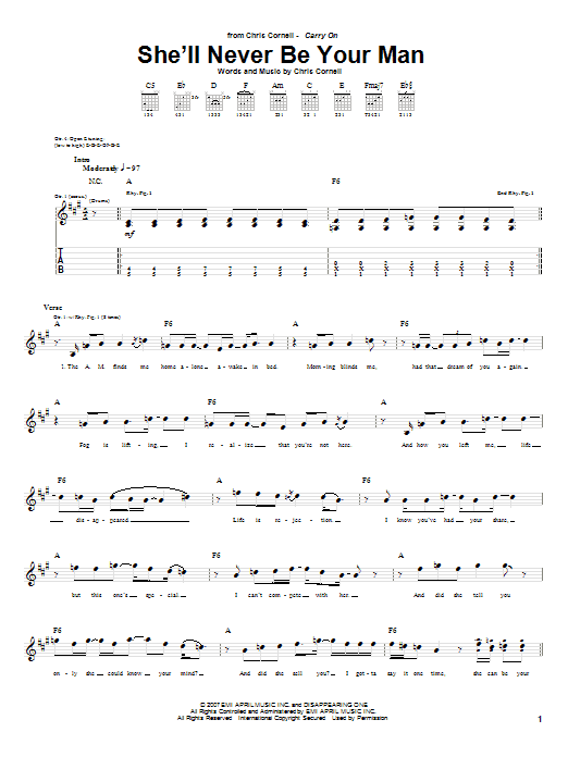 Preview Chris Cornell She'll Never Be Your Man Rock sheet music, notes and chords for Guitar Tab, SKU: 63486 She'll Never Be Your Man sheet music