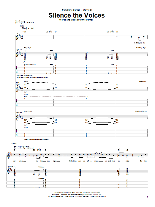 Preview Chris Cornell Silence The Voices Rock sheet music, notes and chords for Guitar Tab, SKU: 63485 Silence The Voices sheet music