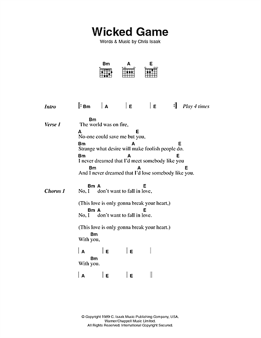 Preview Chris Isaak Wicked Game Film and TV sheet music, notes and chords for Lyrics & Chords, SKU: 49369 Wicked Game sheet music