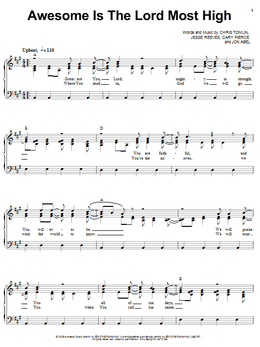 Preview Chris Tomlin Awesome Is The Lord Most High Pop sheet music, notes and chords for Lyrics & Chords, SKU: 85841 Awesome Is The Lord Most High sheet music