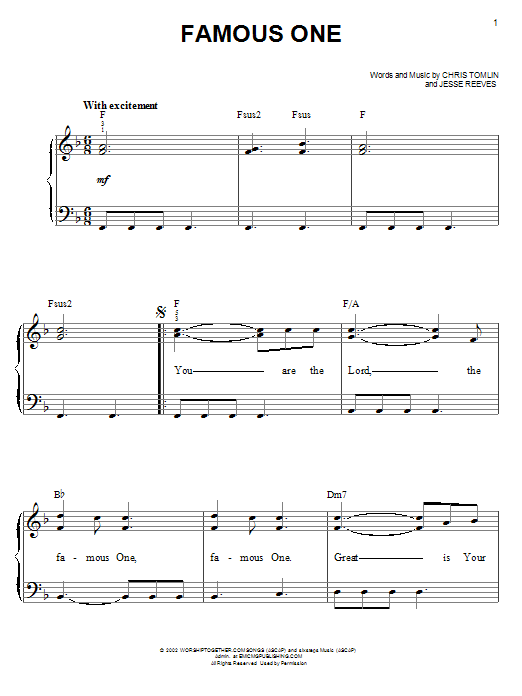 Preview Chris Tomlin Famous One Christian sheet music, notes and chords for Piano, Vocal & Guitar (Right-Hand Melody), SKU: 56631 Famous One sheet music