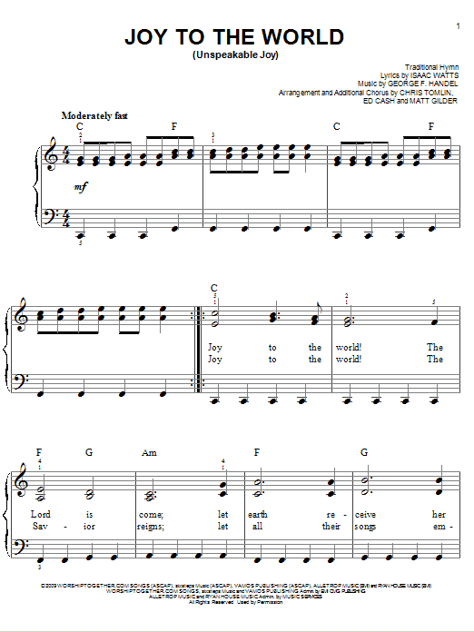 Preview Chris Tomlin Joy To The World (Unspeakable Joy) Religious sheet music, notes and chords for Easy Piano, SKU: 75561 Joy To The World (Unspeakable Joy) sheet music