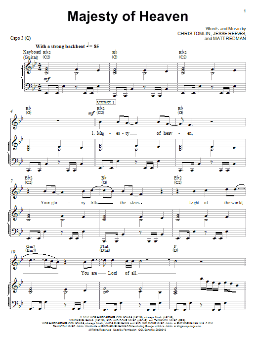 Preview Chris Tomlin Majesty Of Heaven Pop sheet music, notes and chords for Piano, Vocal & Guitar (Right-Hand Melody), SKU: 76899 Majesty Of Heaven sheet music