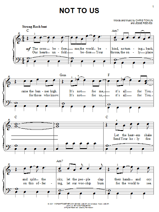 Preview Chris Tomlin Not To Us Christian sheet music, notes and chords for Easy Piano, SKU: 54332 Not To Us sheet music