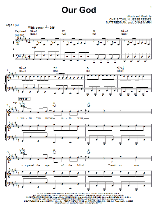 Preview Chris Tomlin Our God Pop sheet music, notes and chords for Piano, Vocal & Guitar (Right-Hand Melody), SKU: 77947 Our God sheet music