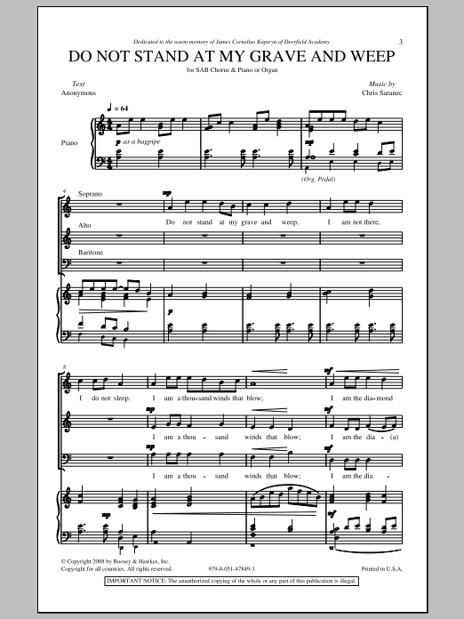 Christ Saranec Do Not Stand At My Grave And Weep Sheet Music Notes & Chords for SAB - Download or Print PDF