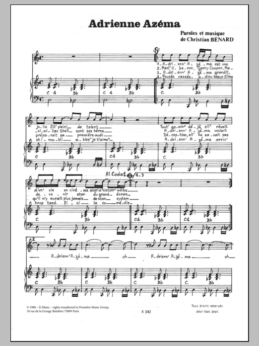 Christian Benard ADRIENNE AZEMA Sheet Music Notes & Chords for Piano & Vocal - Download or Print PDF