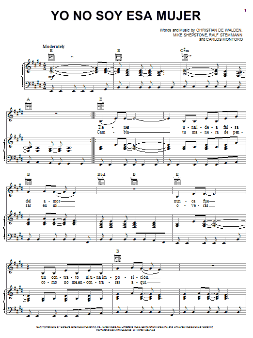 Christian De Walden Yo No Soy Esa Mujer Sheet Music Notes & Chords for Piano, Vocal & Guitar (Right-Hand Melody) - Download or Print PDF