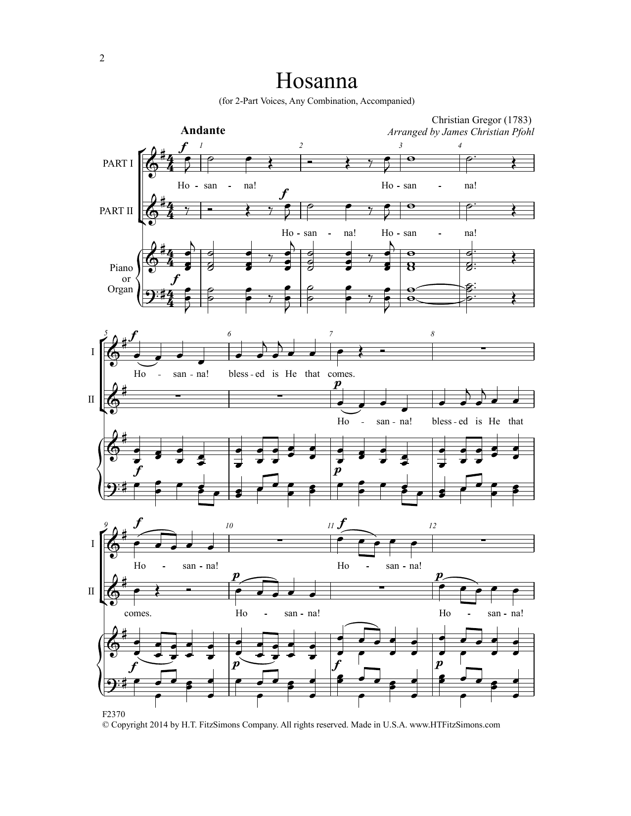 Christian Gregor Hosanna (arr. James Christian Pfohl) Sheet Music Notes & Chords for 2-Part Choir - Download or Print PDF