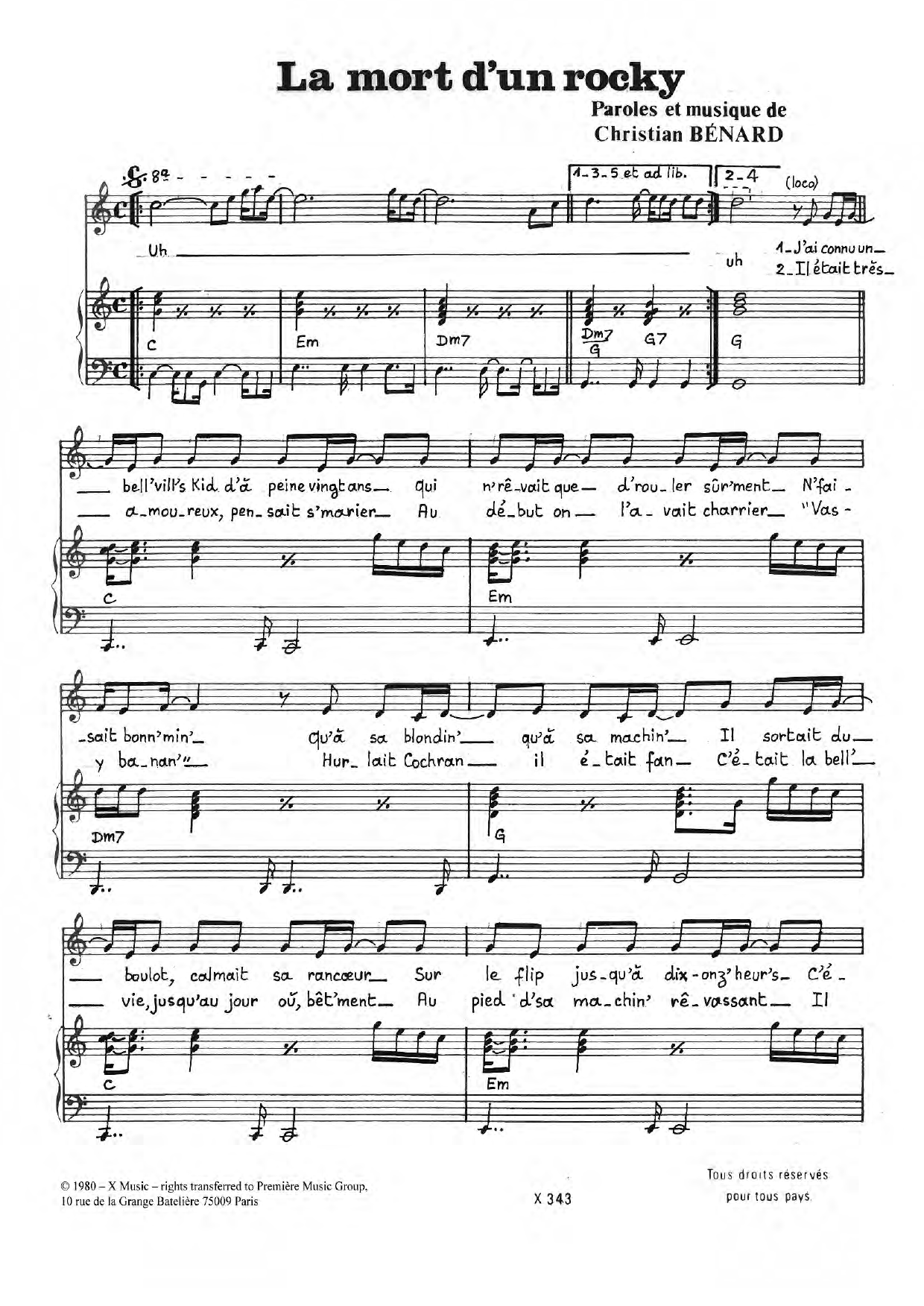 Christian La Mort D'un Rocky Sheet Music Notes & Chords for Piano & Vocal - Download or Print PDF
