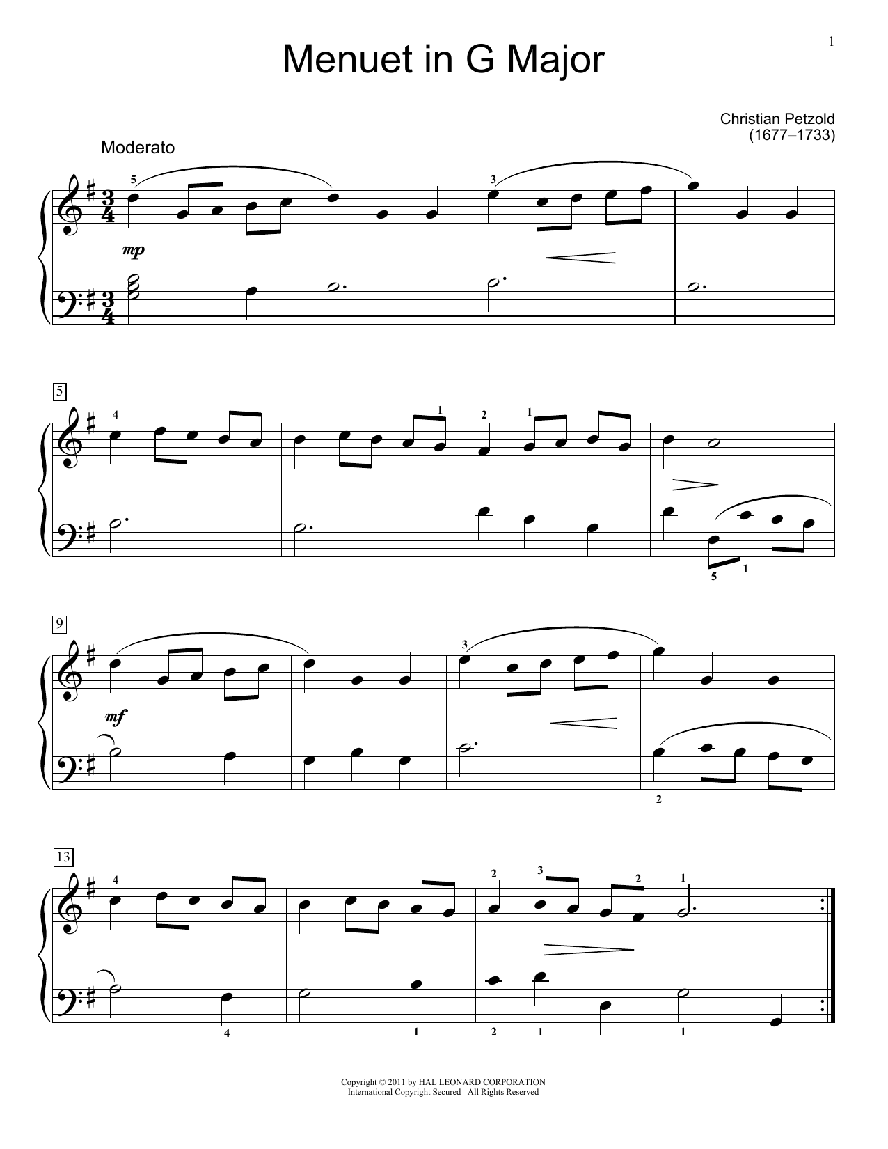 Christian Petzold Menuet In G Major, BWV App. 114 Sheet Music Notes & Chords for Easy Piano - Download or Print PDF
