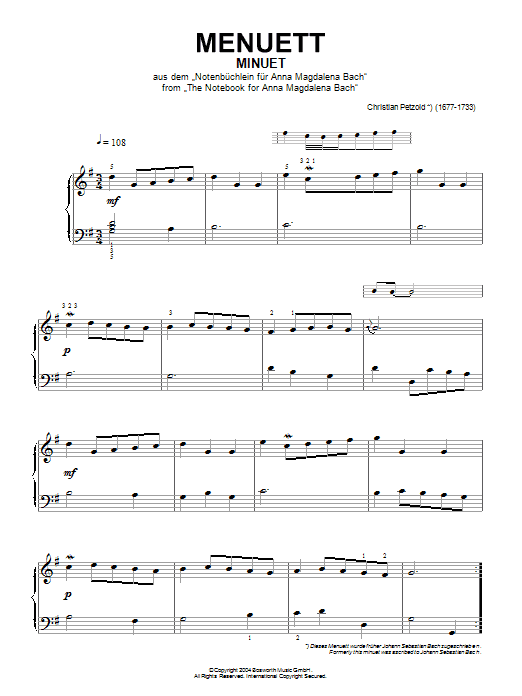 Christian Petzold Minuet from Notebook For Anna Magdalena Sheet Music Notes & Chords for Piano - Download or Print PDF