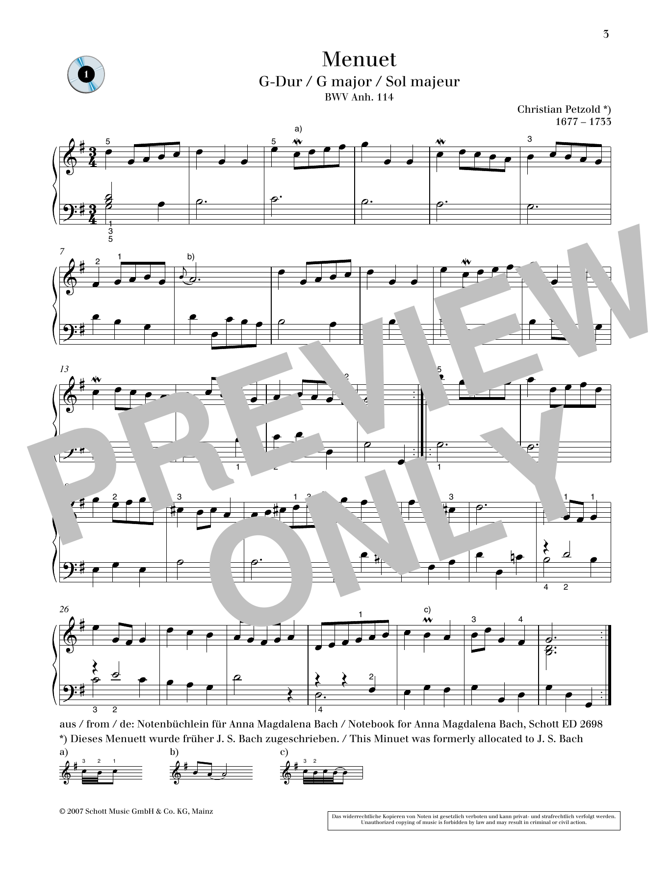 Christian Petzold Minuet G major Sheet Music Notes & Chords for Piano Solo - Download or Print PDF