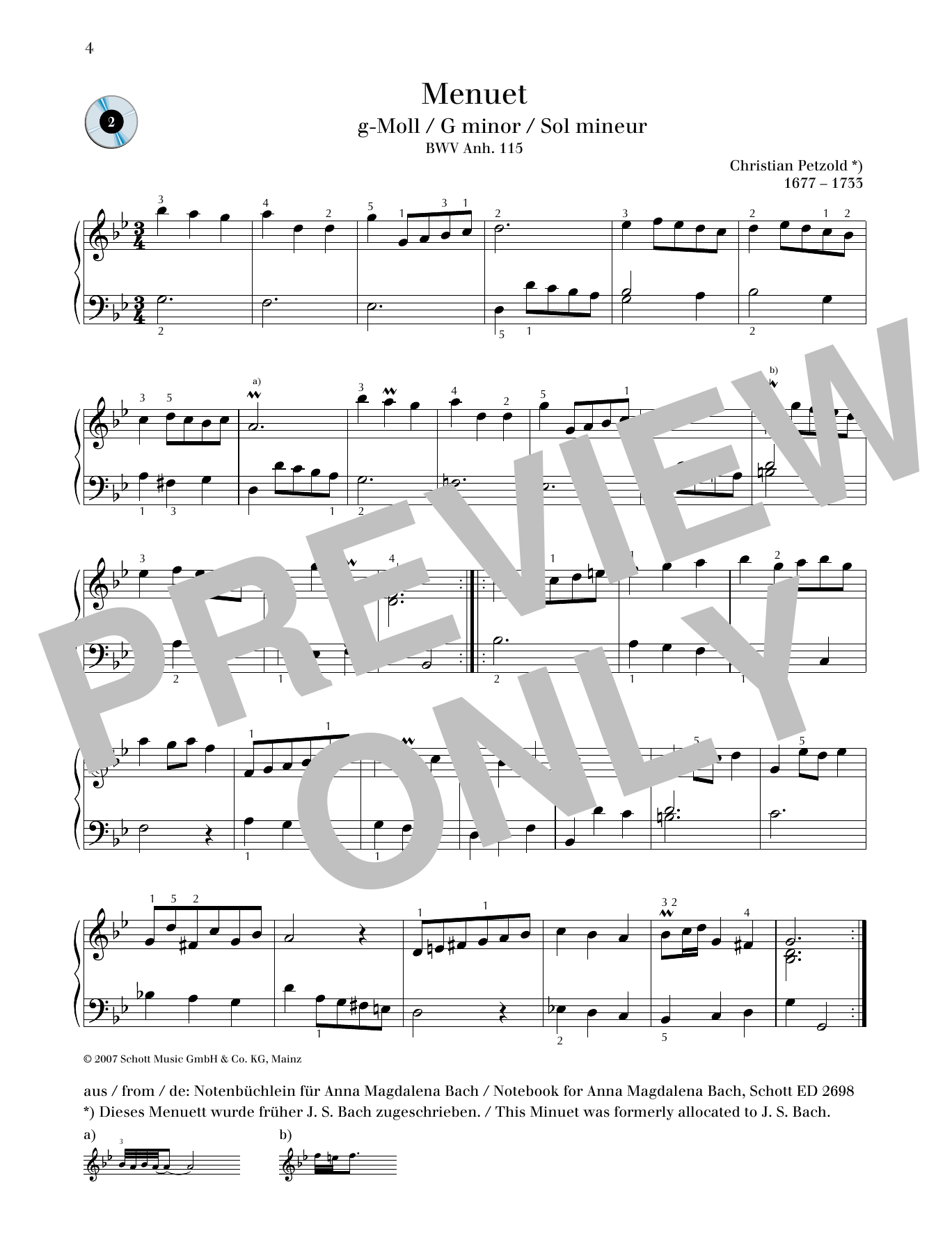 Christian Petzold Minuet G minor Sheet Music Notes & Chords for Piano Solo - Download or Print PDF