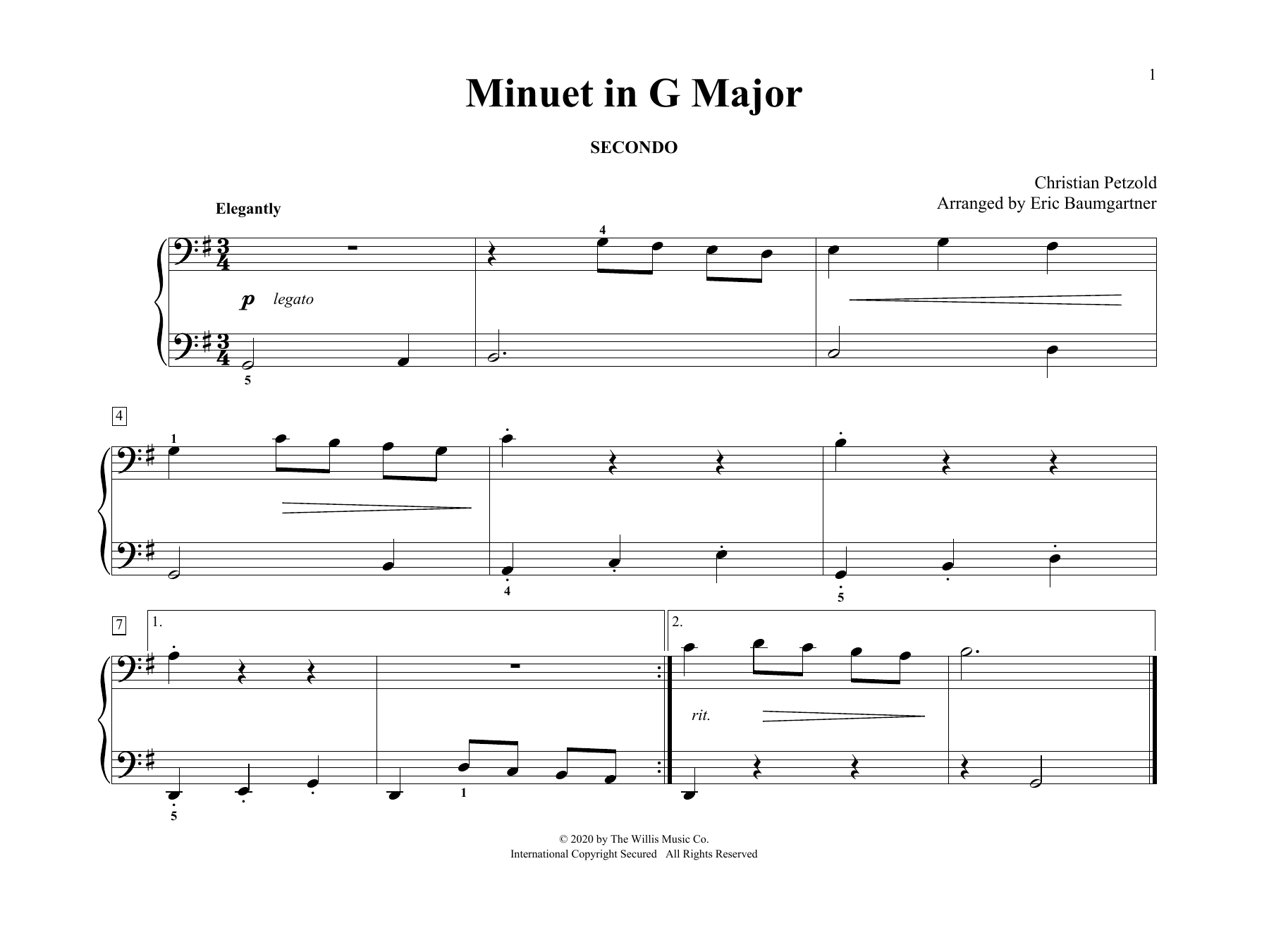 Christian Petzold Minuet In G Major (arr. Eric Baumgartner) Sheet Music Notes & Chords for Piano Duet - Download or Print PDF
