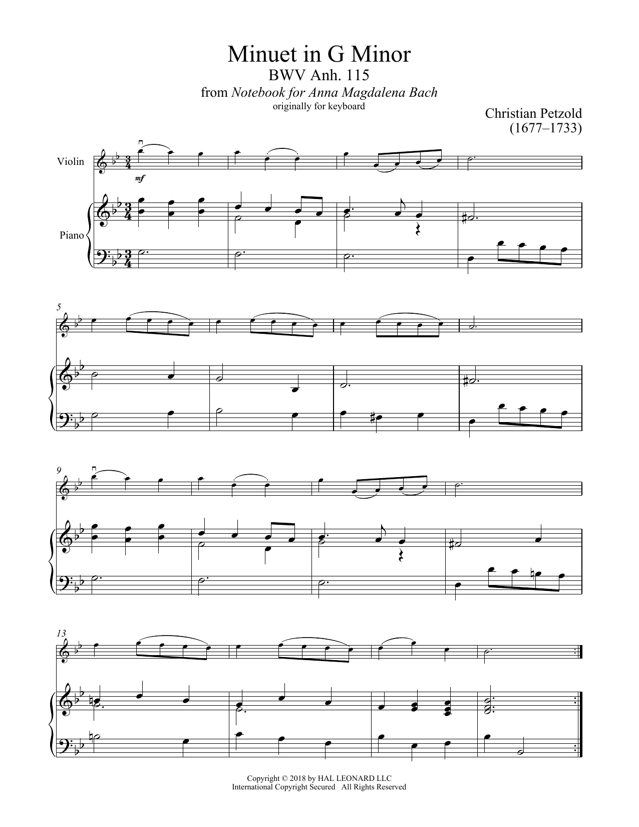 Christian Petzold Minuet In G Minor, BWV Anh. 115 Sheet Music Notes & Chords for Clarinet and Piano - Download or Print PDF