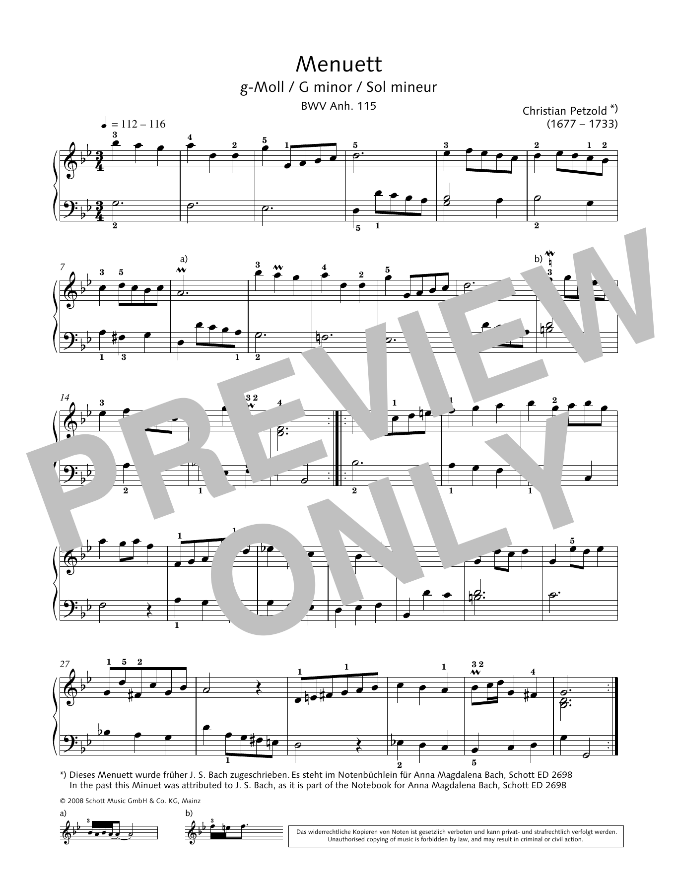 Christian Petzold Minuet In G Minor, BWV Anh. 115 Sheet Music Notes & Chords for Educational Piano - Download or Print PDF