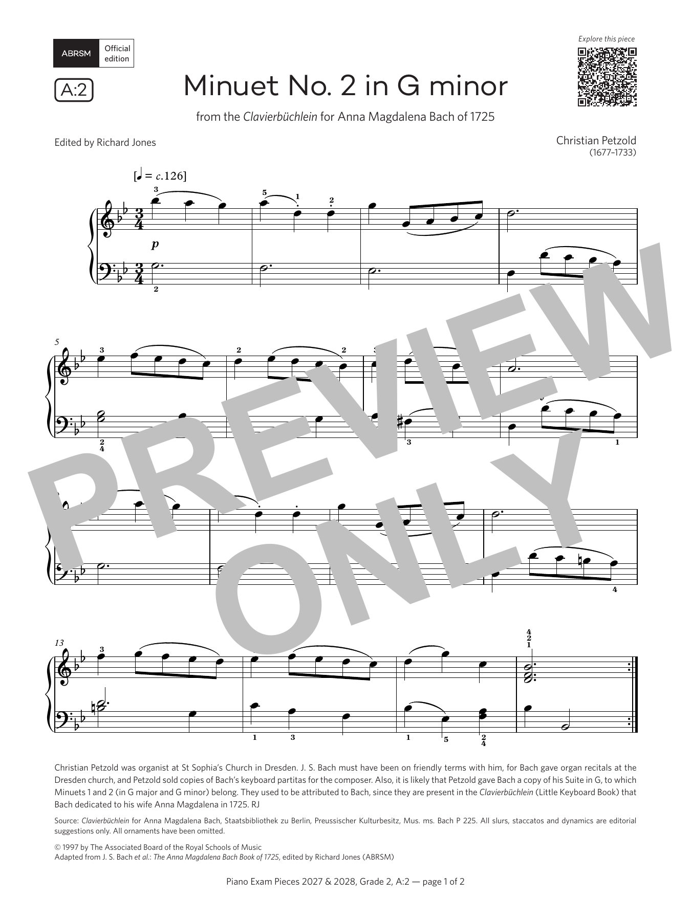 Christian Petzold Minuet no. 2 in G minor (Grade 2, list A2, from the ABRSM Piano Syllabus 2027 & 2028) Sheet Music Notes & Chords for Piano Solo - Download or Print PDF