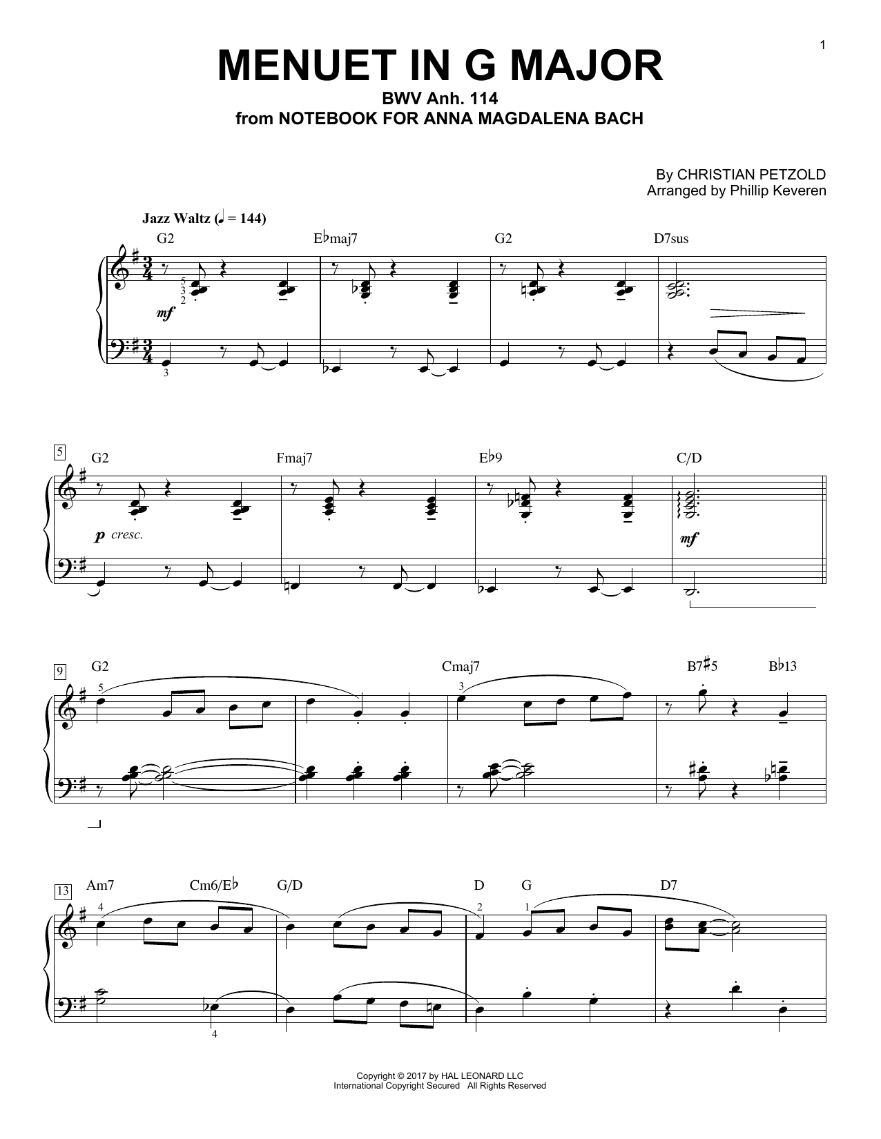 Menuet In G Major, BMV Anh. 114 [Jazz version] (arr. Phillip Keveren) sheet music