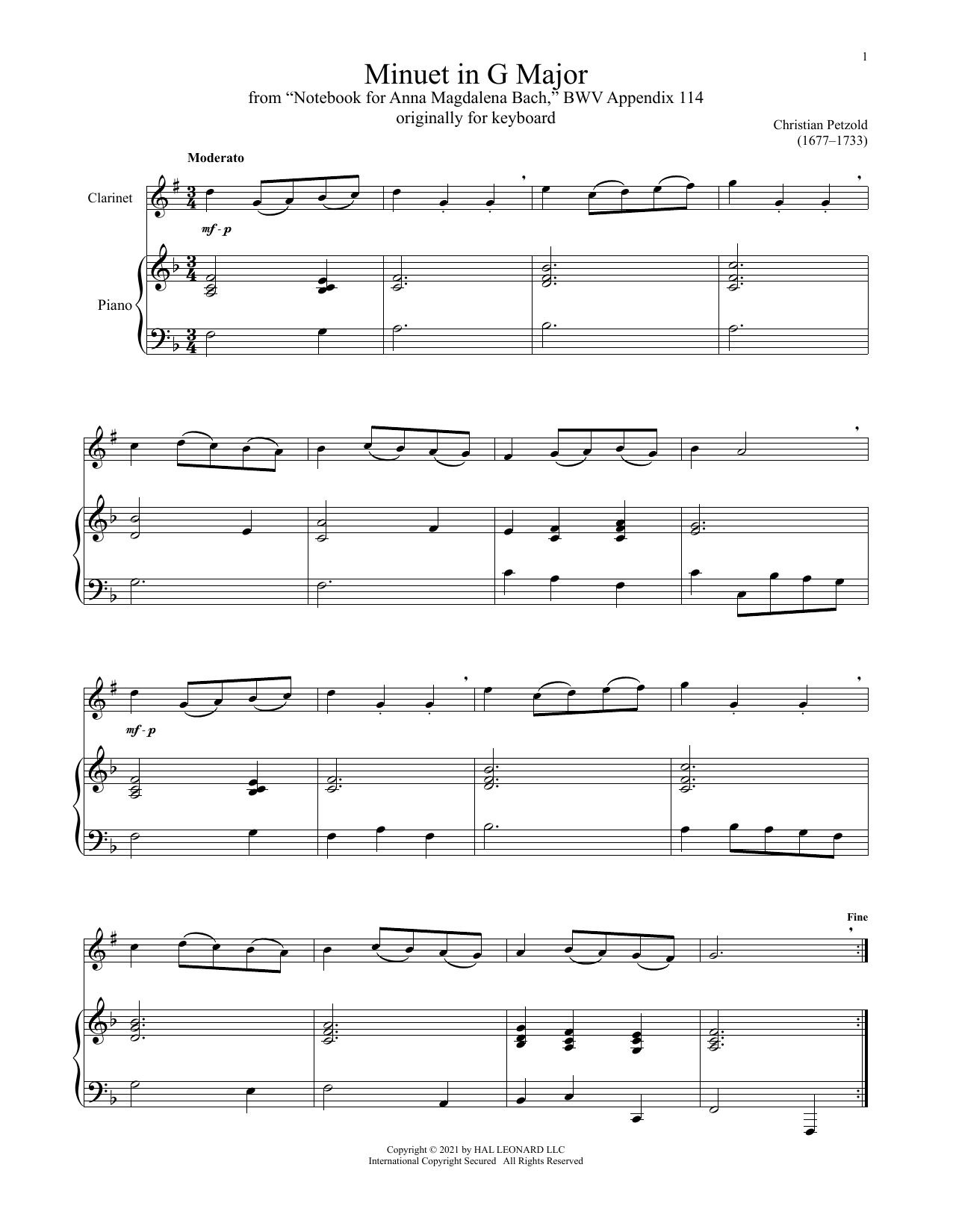 Minuet In G Major, BWV Anh. 114 sheet music