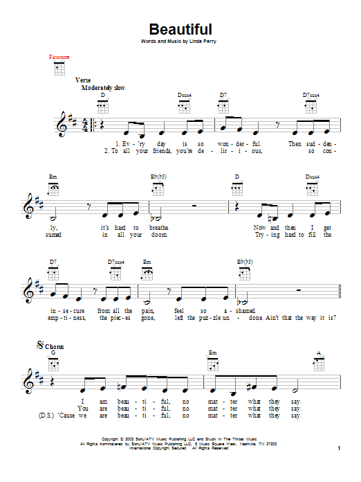 Christina Aguilera & Beverly McClellan Beautiful Sheet Music Notes & Chords for Ukulele - Download or Print PDF
