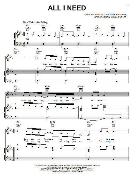 Christina Aguilera All I Need Sheet Music Notes & Chords for Piano, Vocal & Guitar (Right-Hand Melody) - Download or Print PDF