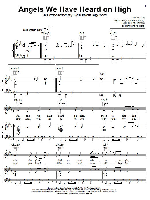 Christina Aguilera Angels We Have Heard On High Sheet Music Notes & Chords for Piano, Vocal & Guitar (Right-Hand Melody) - Download or Print PDF