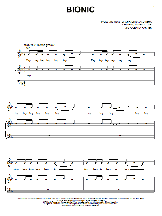 Christina Aguilera Bionic Sheet Music Notes & Chords for Piano, Vocal & Guitar (Right-Hand Melody) - Download or Print PDF
