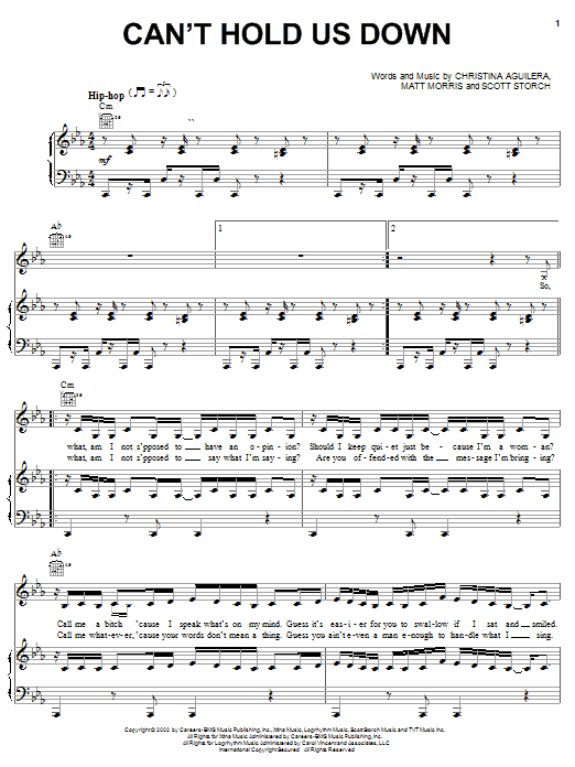 Christina Aguilera Can't Hold Us Down Sheet Music Notes & Chords for Piano, Vocal & Guitar (Right-Hand Melody) - Download or Print PDF