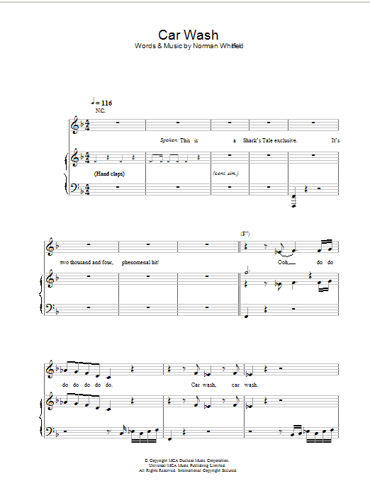 Christina Aguilera Car Wash Sheet Music Notes & Chords for Piano, Vocal & Guitar (Right-Hand Melody) - Download or Print PDF